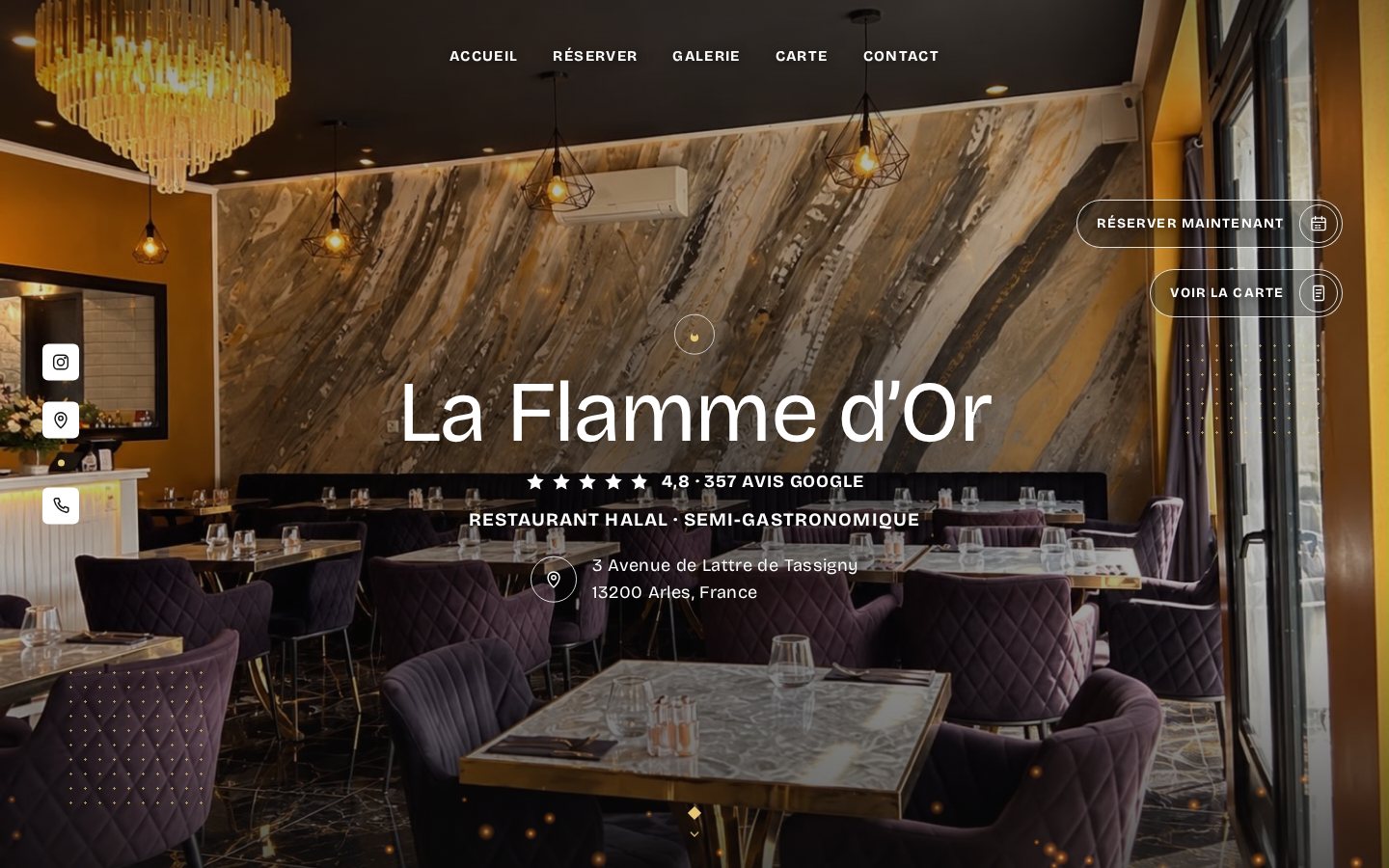 Page d’accueil du site de La Flamme d’Or : la salle du restaurant, la note Google et le bouton Réserver
